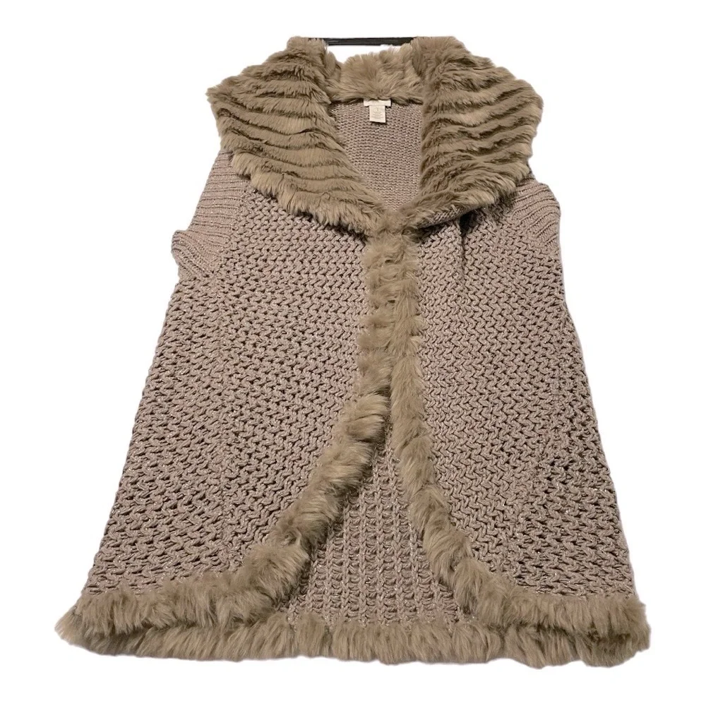 Chico’s Size 1 Faux Fur Trim Sweater Vest Taupe Open Front Knit Cardigan